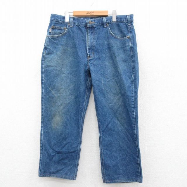 W38★古着 カーハート Carhartt ジーンズ メンズ ワンポイントロゴ コットン 紺 ネイビー デニム 25oct22 中古 ボトムス ジーパン Gパン ロング パンツ