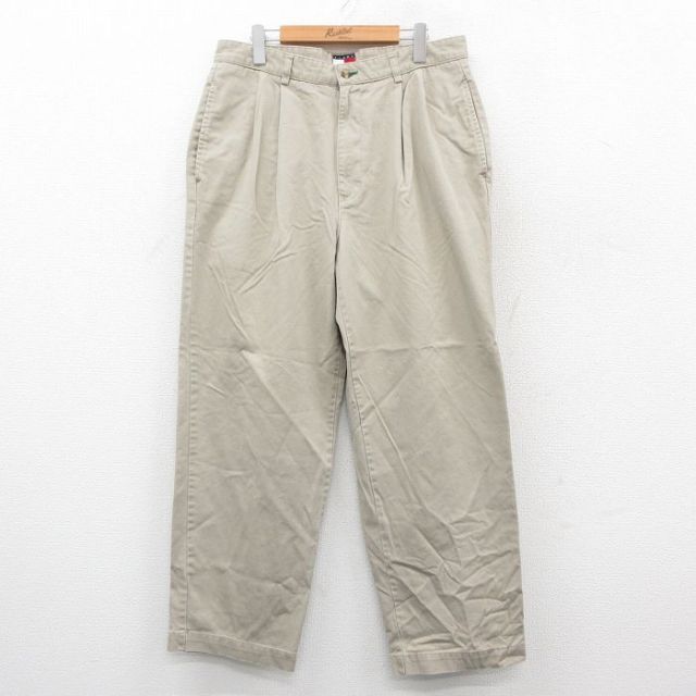 W34★古着 トミーヒルフィガー TOMMY HILFIGER ブランド チノ パンツ チノパン メンズ ワンポイントロゴ コットン ベージュ カーキ 25oct22 中古 ボトムス ロング
