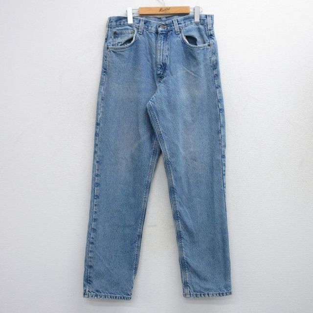 W34★古着 カーハート Carhartt ジーンズ メンズ ワンポイントロゴ 紺 ネイビー デニム 内側フランネル 25oct24 中古 ボトムス ジーパン Gパン ロング パンツ