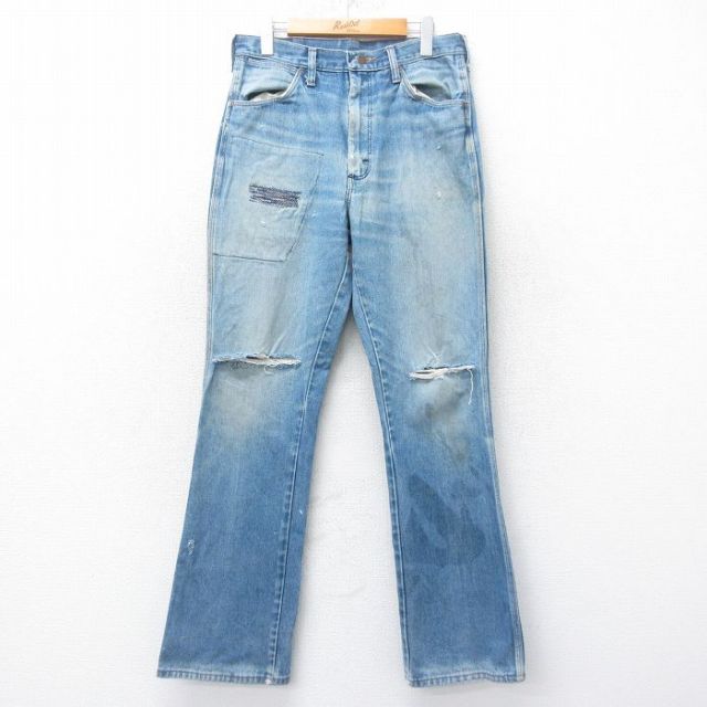 【20%OFF】W32★古着 ラングラー Wrangler ジーンズ メンズ 80年代 80s ヒゲ フレア ボロ USA製 紺 ネイビー デニム 【spe】 25oct27 中古 ボトムス ジーパン Gパン ロング パンツ