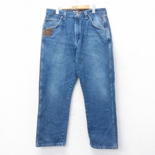 W36★古着 ラングラー Wrangler ジーンズ メンズ ヒゲ コットン 紺 ネイビー デニム 25oct27 中古 ボトムス ジーパン Gパン ロング パンツ