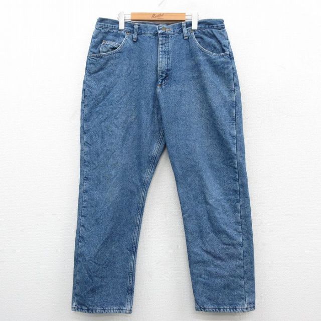 W37★古着 ラングラー Wrangler ジーンズ メンズ コットン 紺 ネイビー デニム 内側フリース 25oct29 中古 ボトムス ジーパン Gパン ロング パンツ