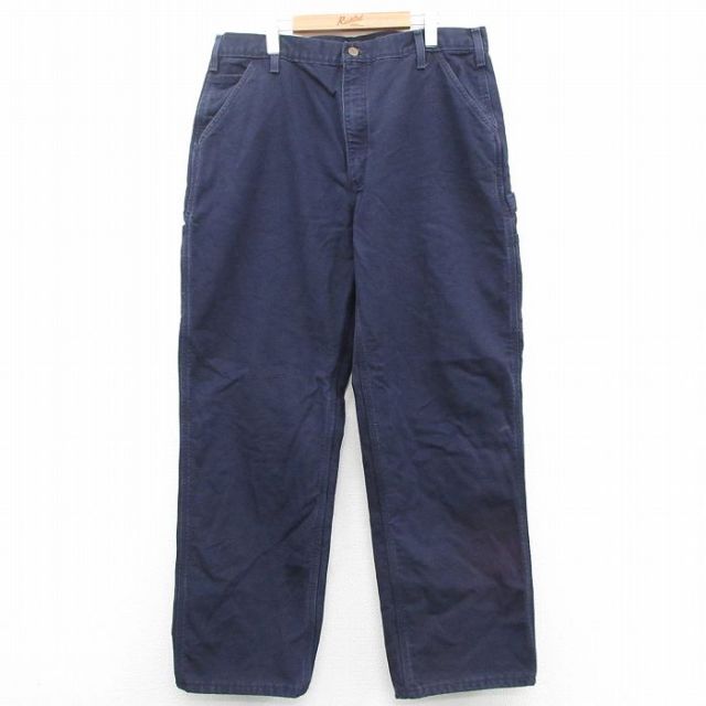 W38★古着 カーハート Carhartt ペインター パンツ メンズ ダック地 紺 ネイビー 内側フランネル 25oct29 中古 ボトムス ロング
