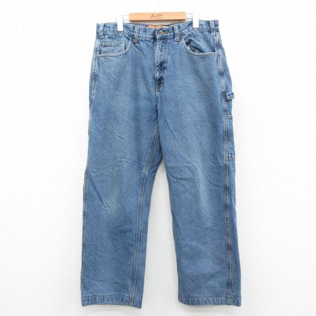 W36★古着 ペインター パンツ メンズ コットン 紺 ネイビー デニム 内側フランネル 25oct31 中古 ボトムス ロング