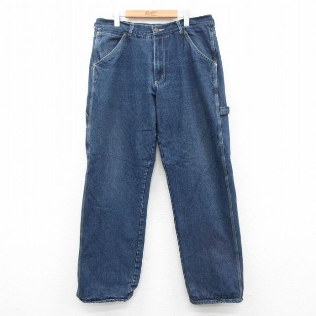W36★古着 ペインター パンツ メンズ ヒゲ コットン 濃紺 ネイビー デニム 内側フランネル 25oct31 中古 ボトムス ロング