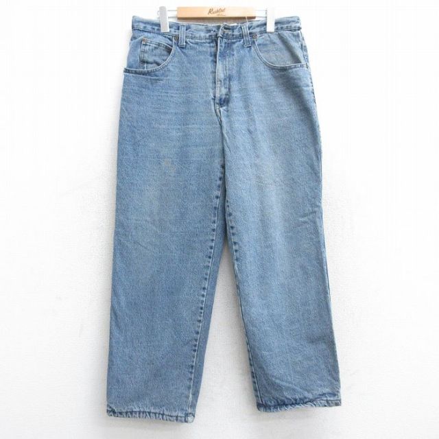 W34★古着 ジーンズ メンズ コットン 紺 ネイビー デニム 内側フリース 25oct31 中古 ボトムス ジーパン Gパン ロング パンツ