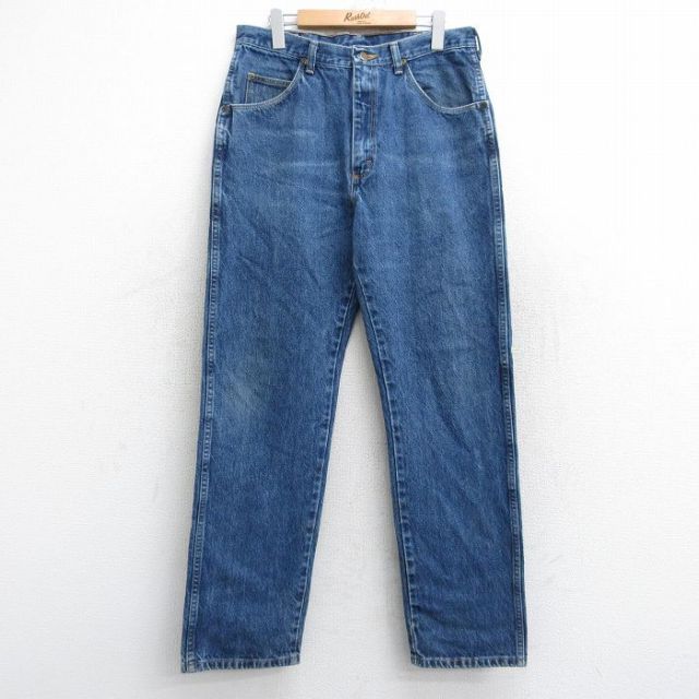 W31★古着 ラングラー Wrangler ジーンズ メンズ ヒゲ コットン 紺 ネイビー デニム 25nov01 中古 ボトムス ジーパン Gパン ロング パンツ