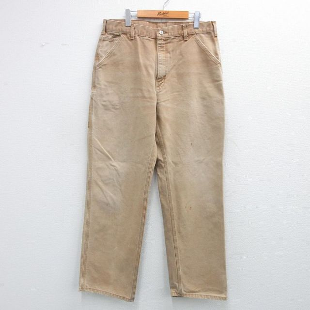 W36★古着 カーハート Carhartt ペインター パンツ メンズ 90年代 90s ワンポイントロゴ ダック地 コットン USA製 ベージュ系 カーキ 【spe】 25nov04 中古 ボトムス ロング