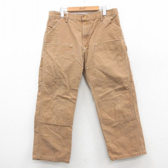 ダブルニー カーハート ワークパンツ w34 ブラウン ロゴ古着 USA製▲ カーハート ダブルニー ブラウン ダック地 ペインターパンツ 古着W34