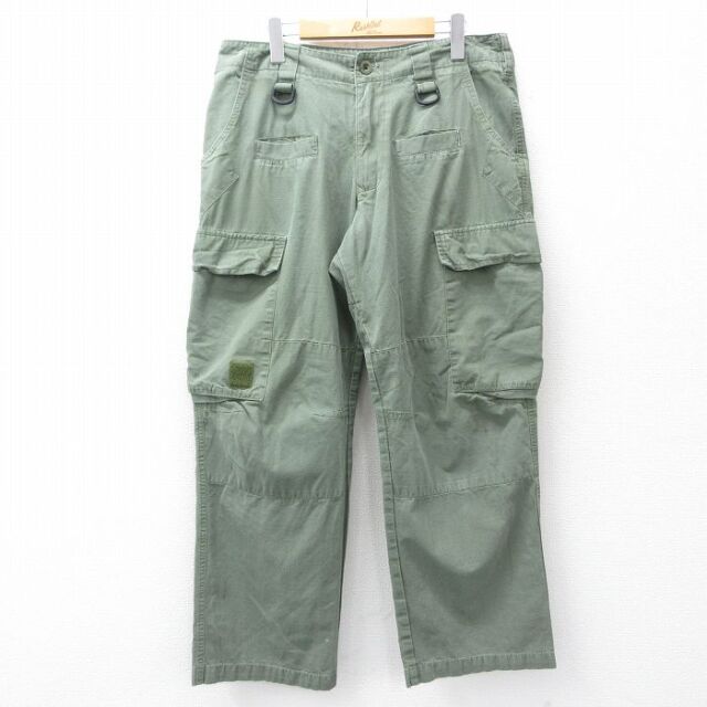 W33★古着 カーゴ パンツ メンズ 90年代 90s リップストップ ダブルニー コットン USA製 緑 25nov22