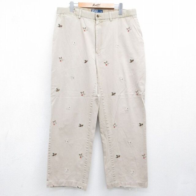 W34★古着 ラルフローレン ブランド チノ パンツ チノパン メンズ 90年代 90s 鳥 刺繍 総柄 コットン ベージュ【spe】 26aug07