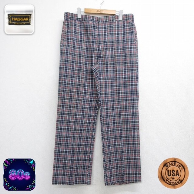 HAGGAR パンツ メンズ 80s USA製 ネイビー チェック 実寸W35 | 古着