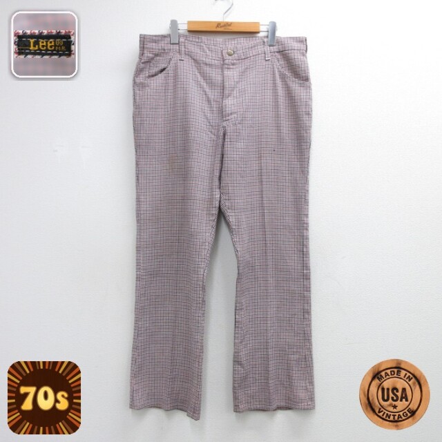 リー 70s パンツ フレア 千鳥格子 レッド メンズ実寸W38 | 古着
