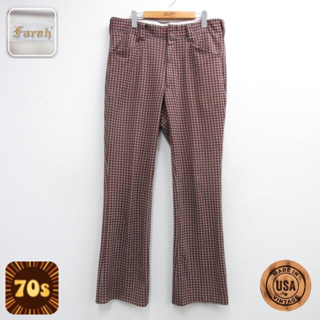 W35★古着 Farah パンツ メンズ 70年代 70s 総柄 フレア USA製 レッド【spe】 26sep07