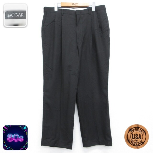 HAGGAR パンツ メンズ 80s スラックス タック USA製 ブラック 実寸W36 | 古着