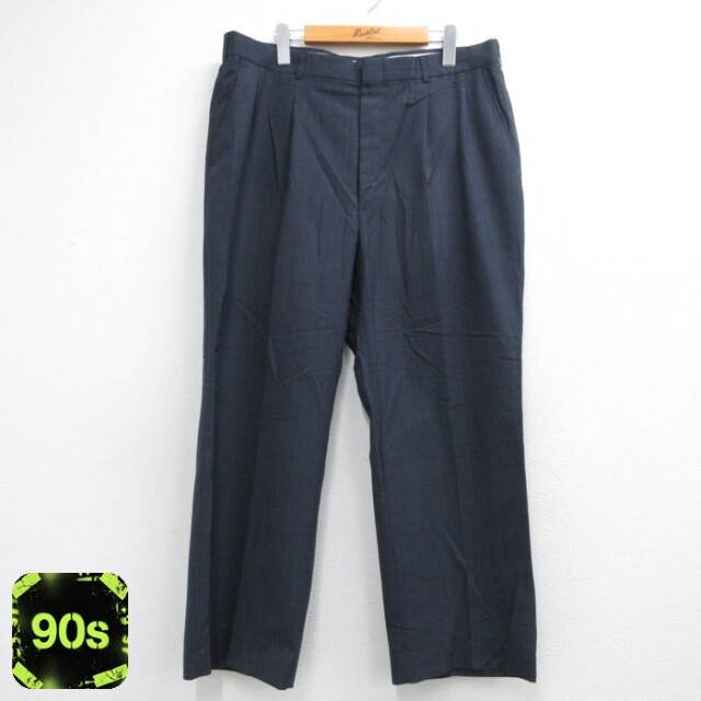 パンツ メンズ 90s スラックス ツータック ネイビー チェック 実寸W37 | 古着