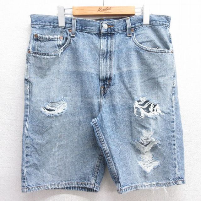 W36★古着 リーバイス Levis 505 ショート パンツ ショーツ メンズ ボロ コットン 紺 ネイビー デニム 【spe】 25mar31 中古 ボトムス 短パン ショーパン ハーフ