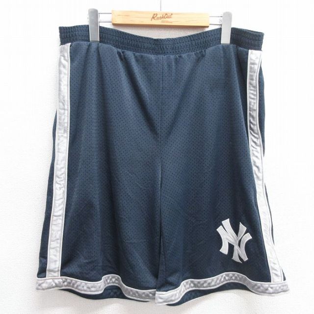 W34★古着 ショート イージー パンツ ショーツ メンズ MLB ニューヨークヤンキース 濃紺 ネイビー メジャーリーグ ベースボール 野球 25mar31 中古 ボトムス 短パン ショーパン