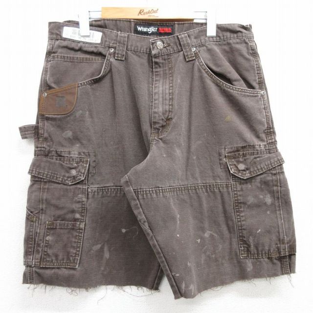 W34★古着 ラングラー Wrangler ショート ペインター カーゴ パンツ ショーツ メンズ リップストップ コットン 茶 ブラウン 25apr02 中古 ボトムス 短パン ショーパン