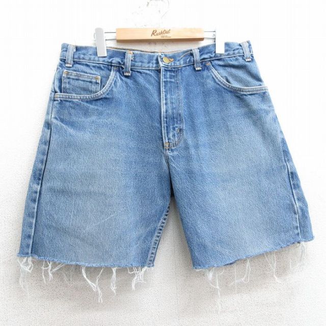 W35★古着 ショート パンツ メンズ コットン 紺 ネイビー デニム 25apr03 中古 ボトムス 短パン ショーパン ハーフ