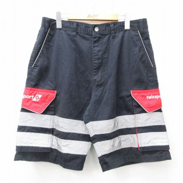 W34★古着 ショート カーゴ パンツ ショーツ メンズ Swissport リフレクター 黒他 ブラック 25apr04 中古 ボトムス 短パン ショーパン