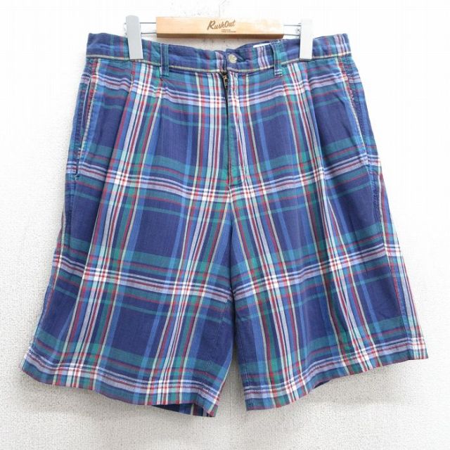 W34★古着 エディーバウアー ショート パンツ メンズ 00年代 00s コットン 紺他 ネイビー チェック 25apr05 中古 ボトムス 短パン ショーパン ハーフ