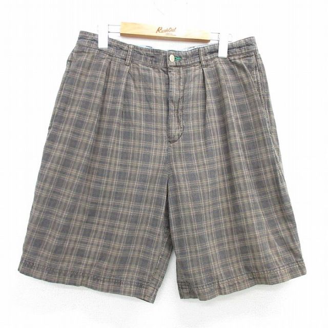 W32★古着 トミーヒルフィガー TOMMY HILFIGER ブランド ショート パンツ ショーツ メンズ 90年代 90s リネン 茶他 ブラウン チェック 25apr05 中古 ボトムス 短パン ショーパン ハーフ