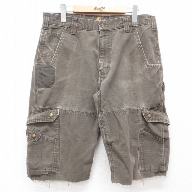 W34★古着 カーハート Carhartt ショート カーゴ パンツ ショーツ メンズ リップストップ コットン 茶 ブラウン 【spe】 25apr05 中古 ボトムス 短パン ショーパン