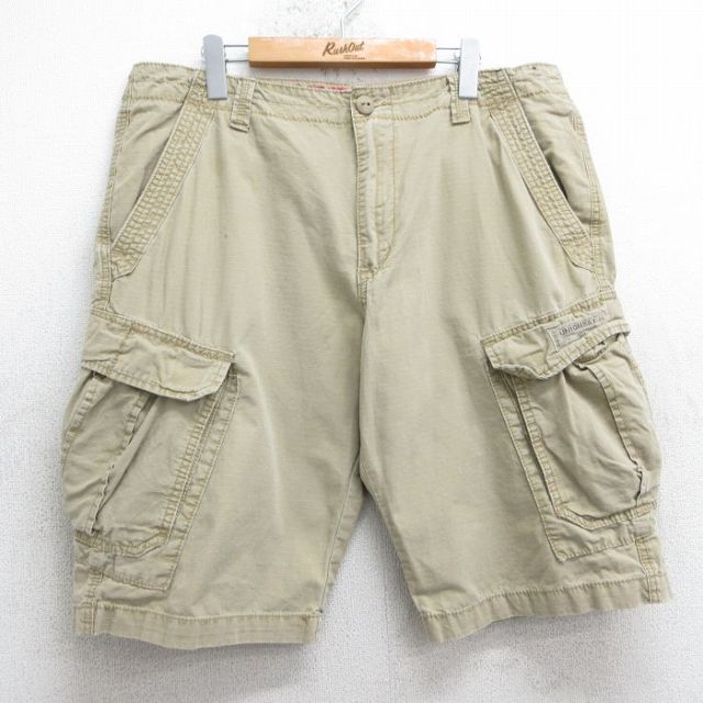 W37★古着 ユニオンベイ ショート カーゴ パンツ ショーツ メンズ リップストップ コットン ベージュ カーキ 25apr07 中古 ボトムス 短パン ショーパン