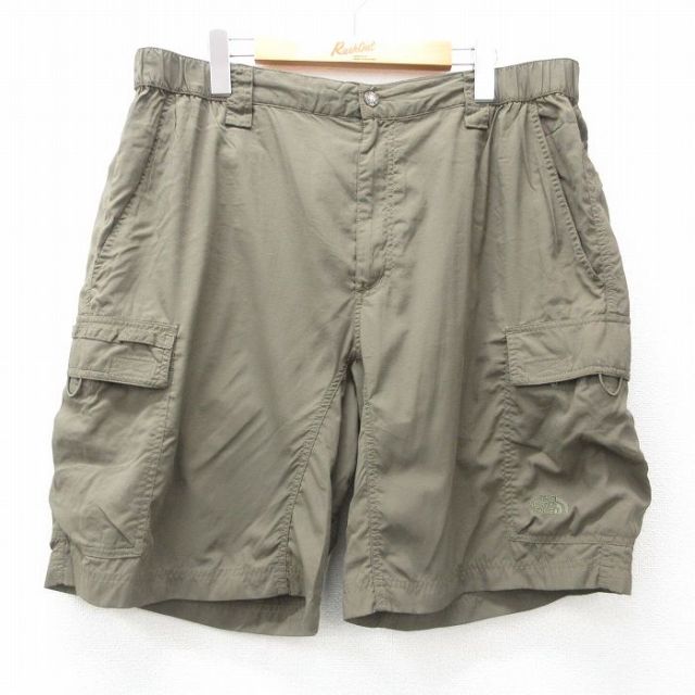 W38★古着 ノースフェイス THE NORTH FACE ショート ナイロン カーゴ パンツ ショーツ メンズ リップストップ 濃緑 グリーン 25apr19 中古 ボトムス 短パン ショーパン