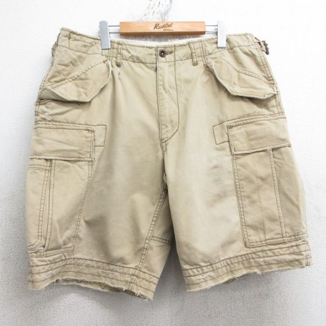 W35★古着 ラルフローレン Ralph Lauren ブランド ショート カーゴ パンツ メンズ 90年代 90s コットン ベージュ カーキ 25apr19 中古 ボトムス 短パン ショーパン