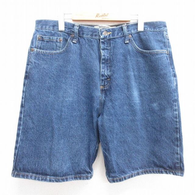【50%OFF】W36★古着 ラングラー Wrangler ショート パンツ ショーツ メンズ コットン 紺デニム ネイビー 25apr21 中古 ボトムス 短パン ショーパン ハーフ