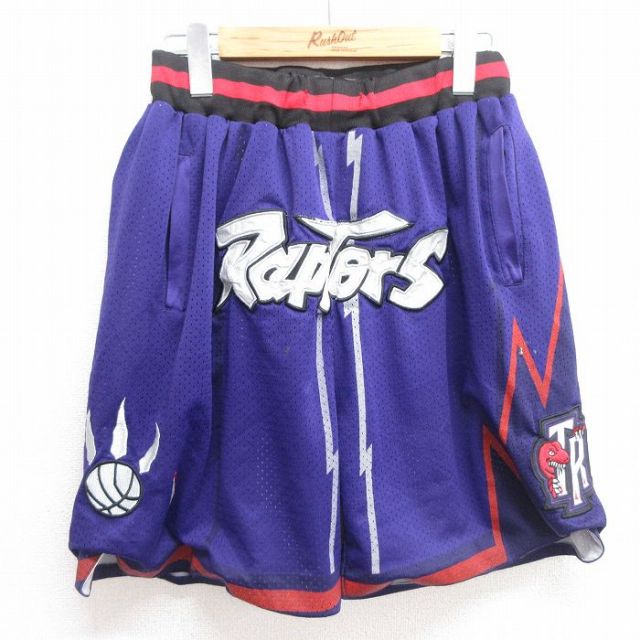 W32★古着 ハーフ トレーニング パンツ ショーツ メンズ 90年代 90s NBA トロントラプターズ メッシュ地 USA製 紫他 パープル バスケットボール 25apr21 中古 ボトムス 短パン ショーパン