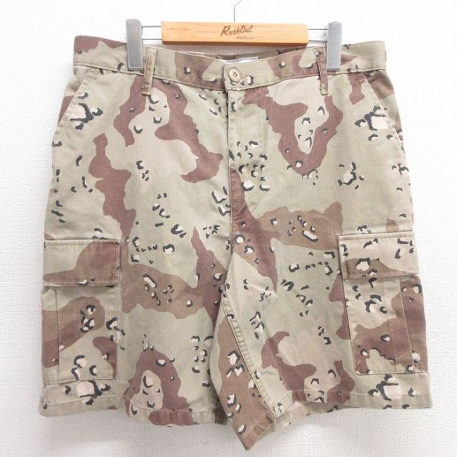 W34★古着 ショート ミリタリー カーゴ パンツ ショーツ メンズ 90年代 90s コンバット デザートカモ チョコチップ USA製 ベージュ他 カーキ 迷彩 【spe】 25apr21 中古 ボトムス 短パン ショーパン