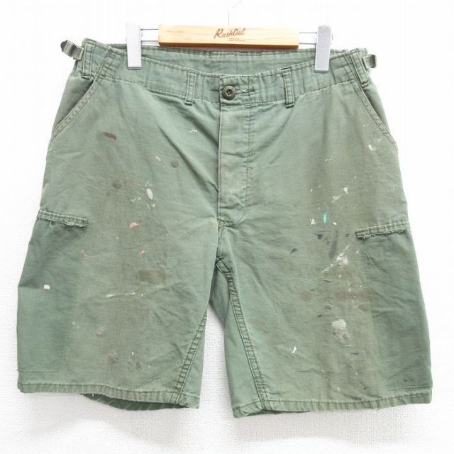 W34★古着 ショート ミリタリー パンツ ショーツ メンズ リップストップ 緑 グリーン 【spe】 25apr26 中古 ボトムス 短パン ショーパン