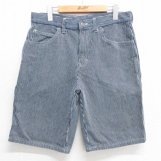 W33★古着 ディッキーズ Dickies ショート ペインター パンツ ショーツ メンズ コットン 紺他 ネイビー ストライプ ヒッコリー 25apr26 中古 ボトムス 短パン ショーパン