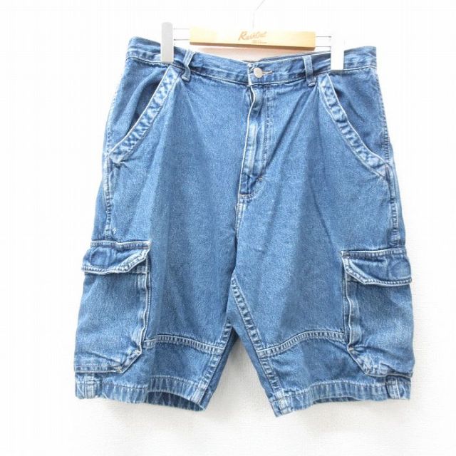 W33★古着 ラングラー Wrangler ショート カーゴ パンツ ショーツ メンズ コットン 紺 ネイビー デニム 【spe】 25apr28 中古 ボトムス 短パン ショーパン