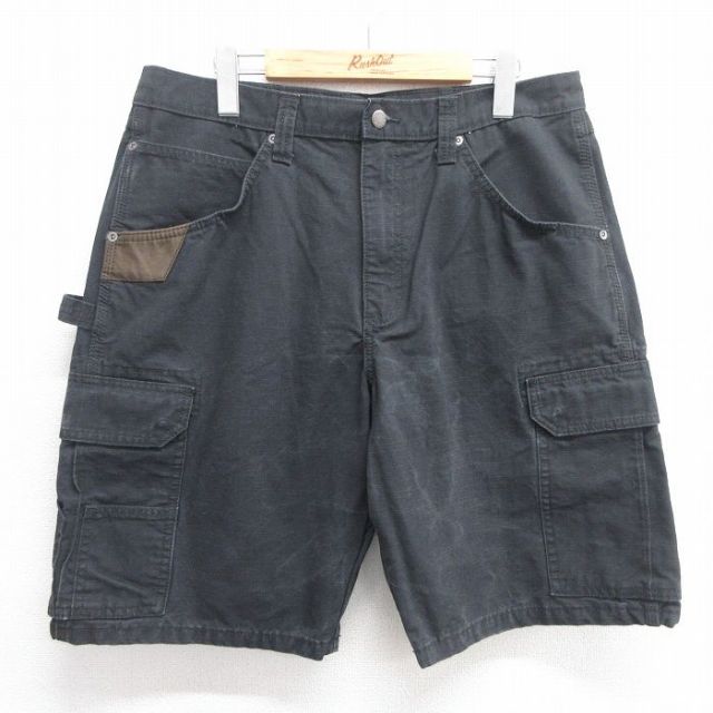 W34★古着 ラングラー Wrangler ショート カーゴ ペインター パンツ ショーツ メンズ リップストップ コットン 黒 ブラック 25apr28 中古 ボトムス 短パン ショーパン