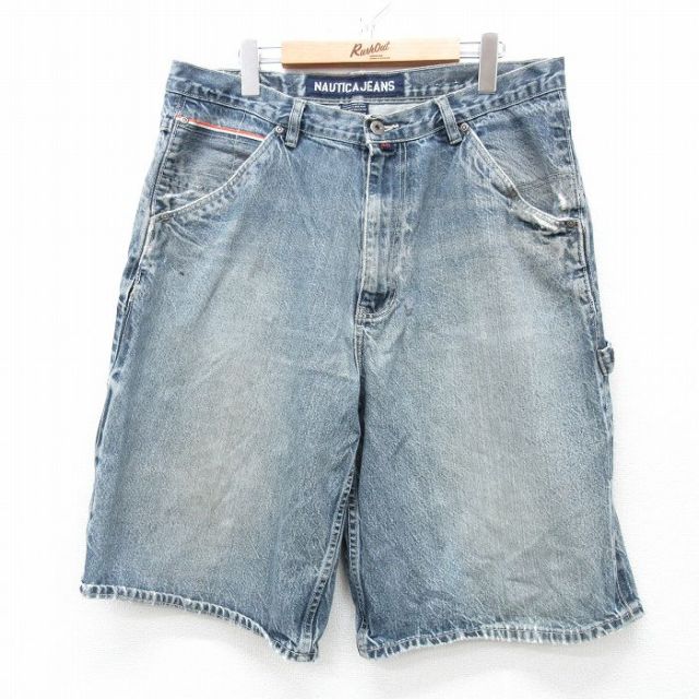 W36★古着 ノーティカ NAUTICA ブランド ショート ペインター パンツ ショーツ メンズ ヒゲ コットン 薄紺 ネイビー デニム 【spe】 25apr30 中古 ボトムス 短パン ショーパン