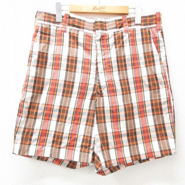 W36★古着 ショート スラックス パンツ ショーツ メンズ 80年代 80s 赤他 レッド チェック 25may08 中古 ボトムス 短パン ショーパン