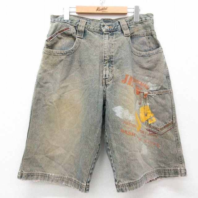 W33★古着 ハーフ パンツ ショーツ メンズ FOX コットン 紺 ネイビー デニム 25may08 中古 ボトムス 短パン ショーパン ショート