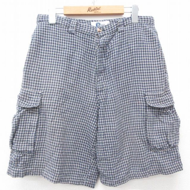 W34★古着 アリゾナジーンズ ショート カーゴ パンツ ショーツ メンズ 00年代 00s コットン 紺他 ネイビー チェック 25may08 中古 ボトムス 短パン ショーパン