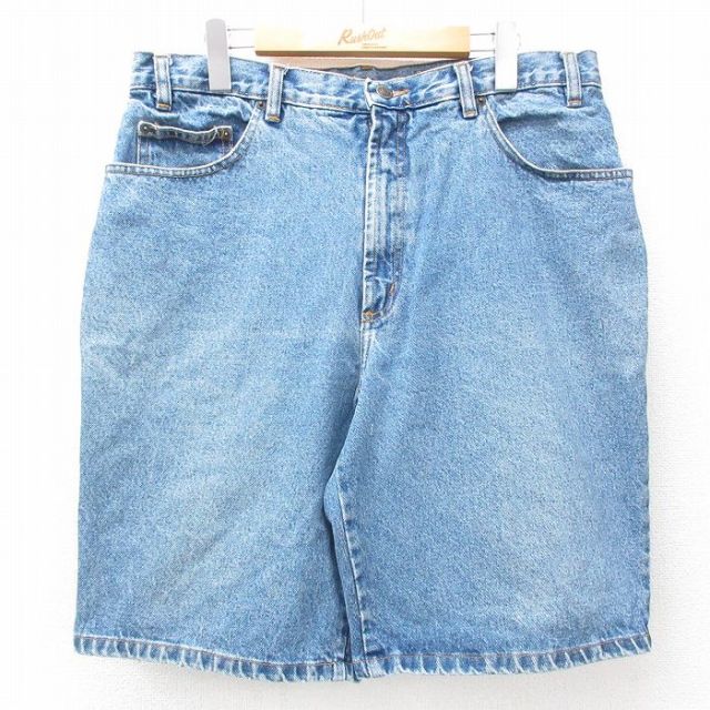 W36★古着 ショート パンツ ショーツ メンズ 90年代 90s コットン 紺 ネイビー デニム 25may09 中古 ボトムス 短パン ショーパン ハーフ