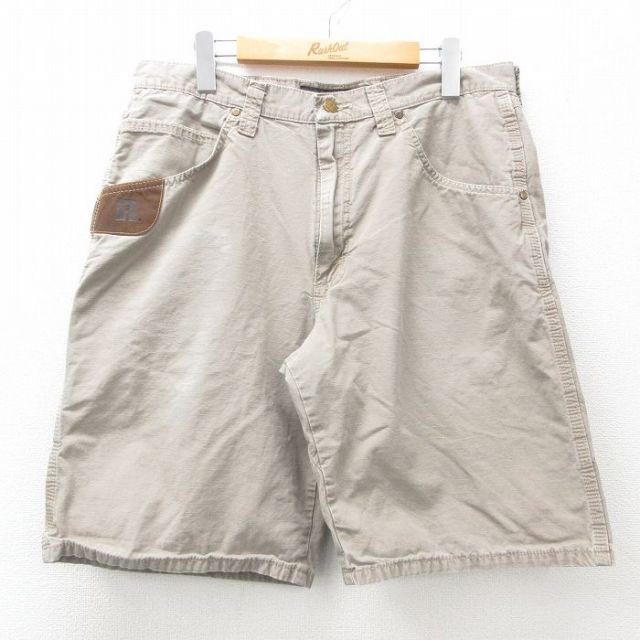 W34★古着 ラングラー Wrangler ショート パンツ ショーツ メンズ リップストップ ダック地 コットン 薄ベージュ カーキ 25may16 中古 ボトムス 短パン ショーパン ハーフ