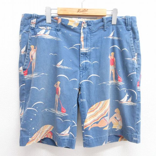W36★古着 ラルフローレン Ralph Lauren ブランド ショート パンツ ショーツ メンズ 海 パラソル ヨット 総柄 コットン 紺他 ネイビー 【spe】 25may17 中古 ボトムス 短パン ショーパン ハーフ