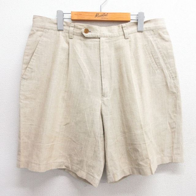 W36★古着 ペリーエリス ショート パンツ ショーツ メンズ 90年代 90s リネン ベージュ カーキ 25may20 中古 ボトムス 短パン ショーパン ハーフ