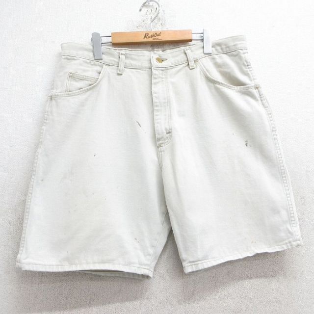 W38★古着 ラングラー Wrangler ショート パンツ ショーツ メンズ 薄ベージュ系 カーキ デニム 25may28 中古 ボトムス 短パン ショーパン ハーフ