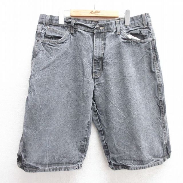 W38★古着 ディッキーズ Dickies ショート パンツ ショーツ メンズ コットン 黒 ブラック デニム 25may30 中古 ボトムス 短パン ショーパン ハーフ