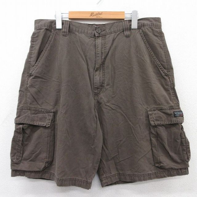 W36★古着 ラングラー Wrangler ショート カーゴ パンツ ショーツ メンズ リップストップ コットン 茶 ブラウン 25may30 中古 ボトムス 短パン ショーパン
