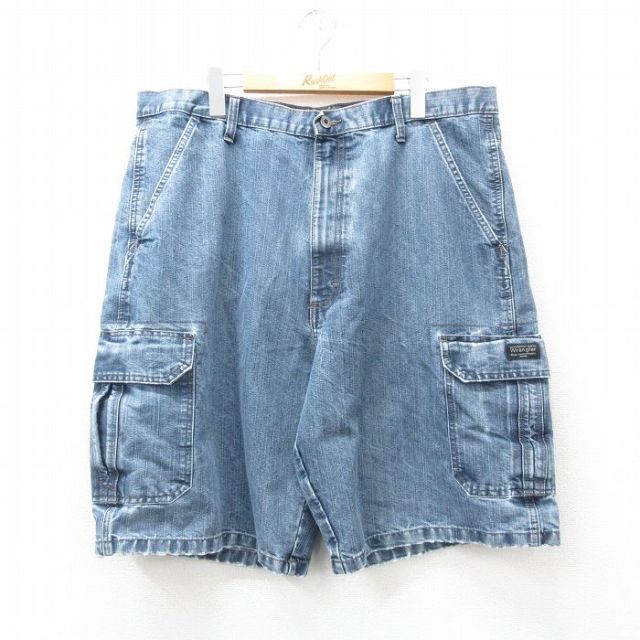W38★古着 ラングラー Wrangler ショート カーゴ パンツ ショーツ 紺 ネイビー デニム 25may31 中古 メンズ ボトムス 短パン ショーパン